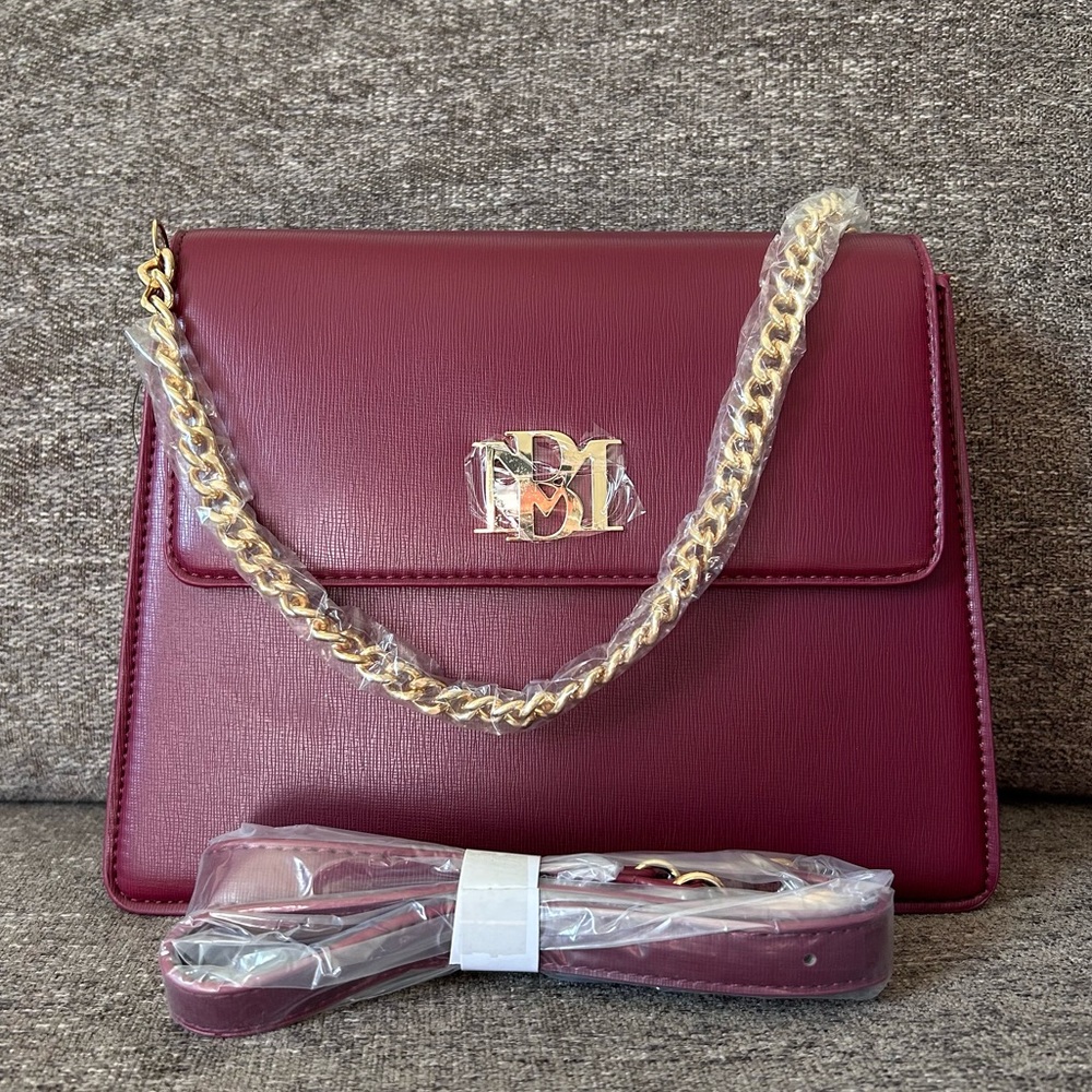 Elegant & Versatile: BM Logo Vegan Leather Handbag| Burgundy | Crossbody| NWT